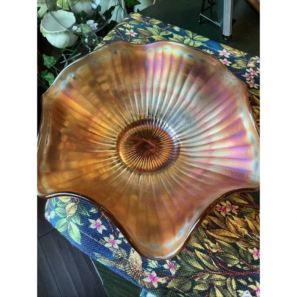 Antique FENTON Stippled Rays Amethyst Carnival Round Crimped Bowl‎ 8